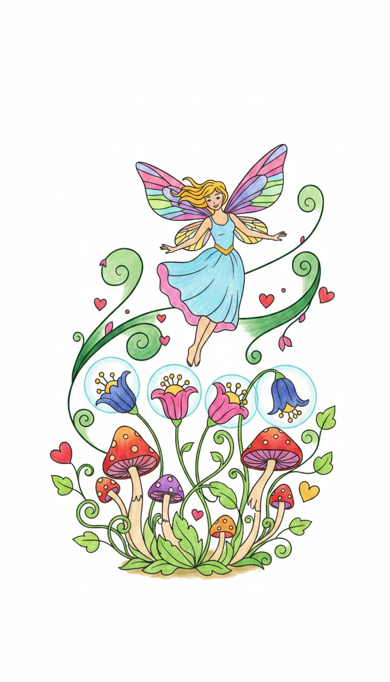 Magical fairy flying through glowing garden coloring page to print