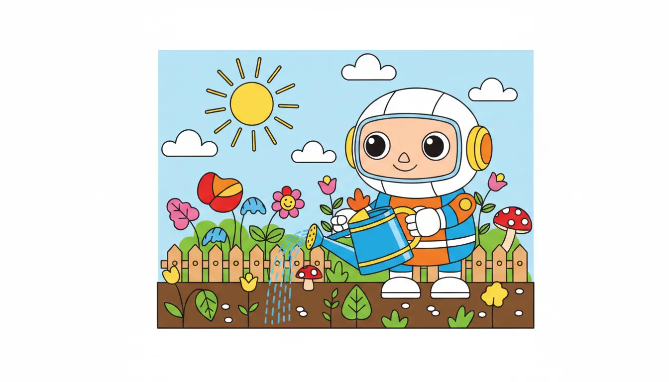 robot watering a garden with can coloring page to print