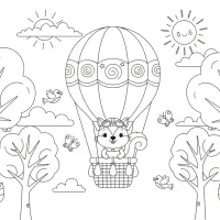 Whimsical squirrel flying hot air balloon among trees