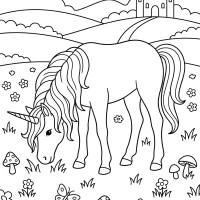 magical unicorn grazing in flower meadow