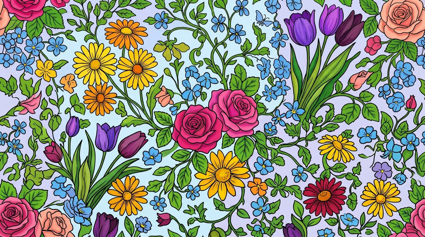 A detailed floral pattern with roses, daisies, and tulips intertwined. coloring page to print