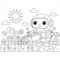 robot watering a garden with can