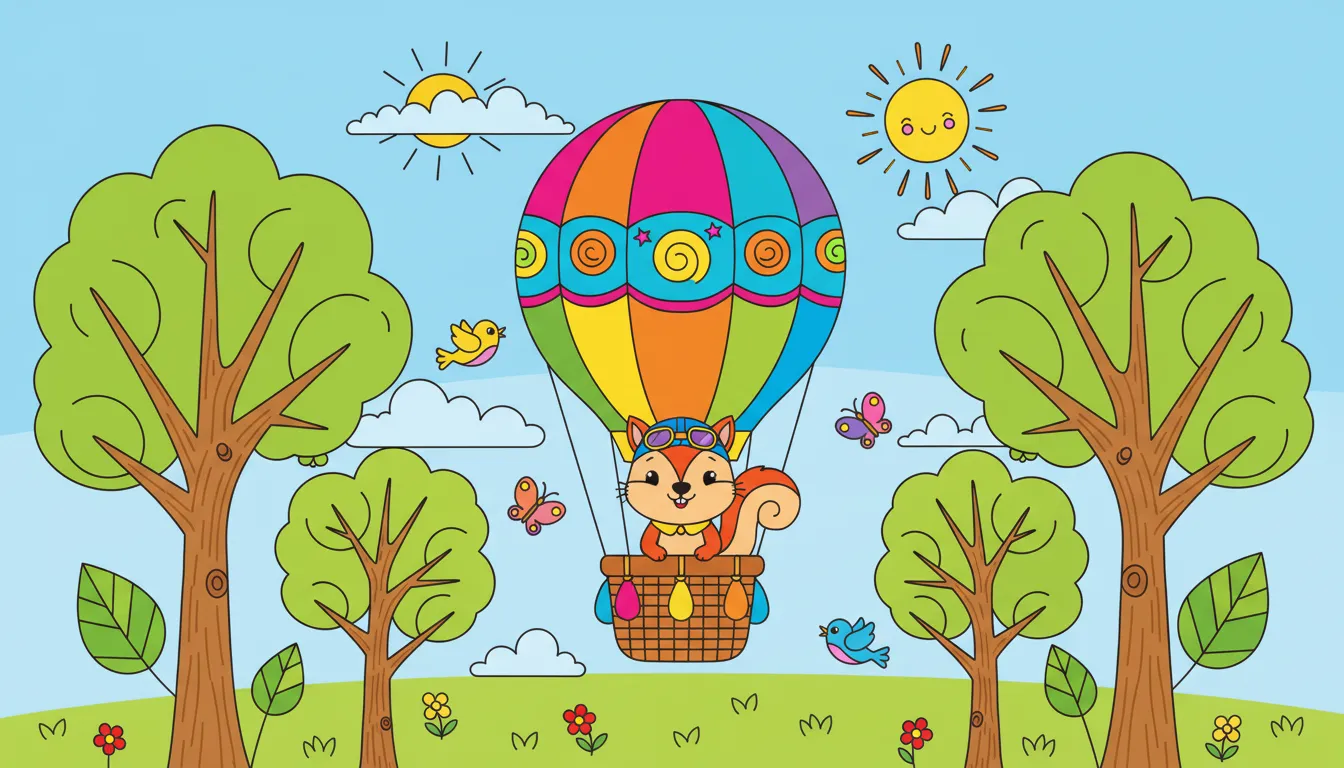 Whimsical squirrel flying hot air balloon among trees coloring page to print