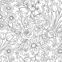 A detailed floral pattern with roses, daisies, and tulips intertwined.