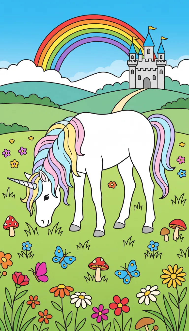 magical unicorn grazing in flower meadow coloring page to print