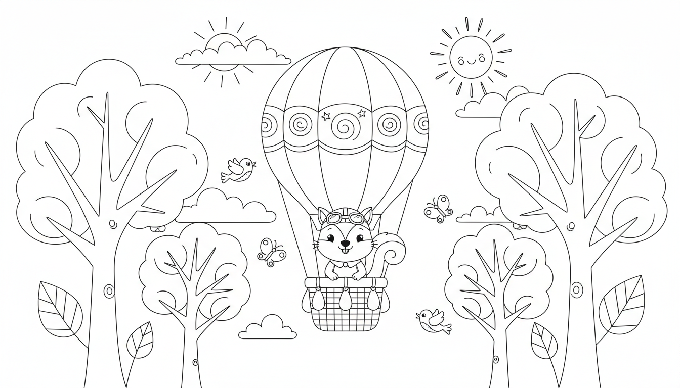 Whimsical squirrel flying hot air balloon among trees coloring page to print