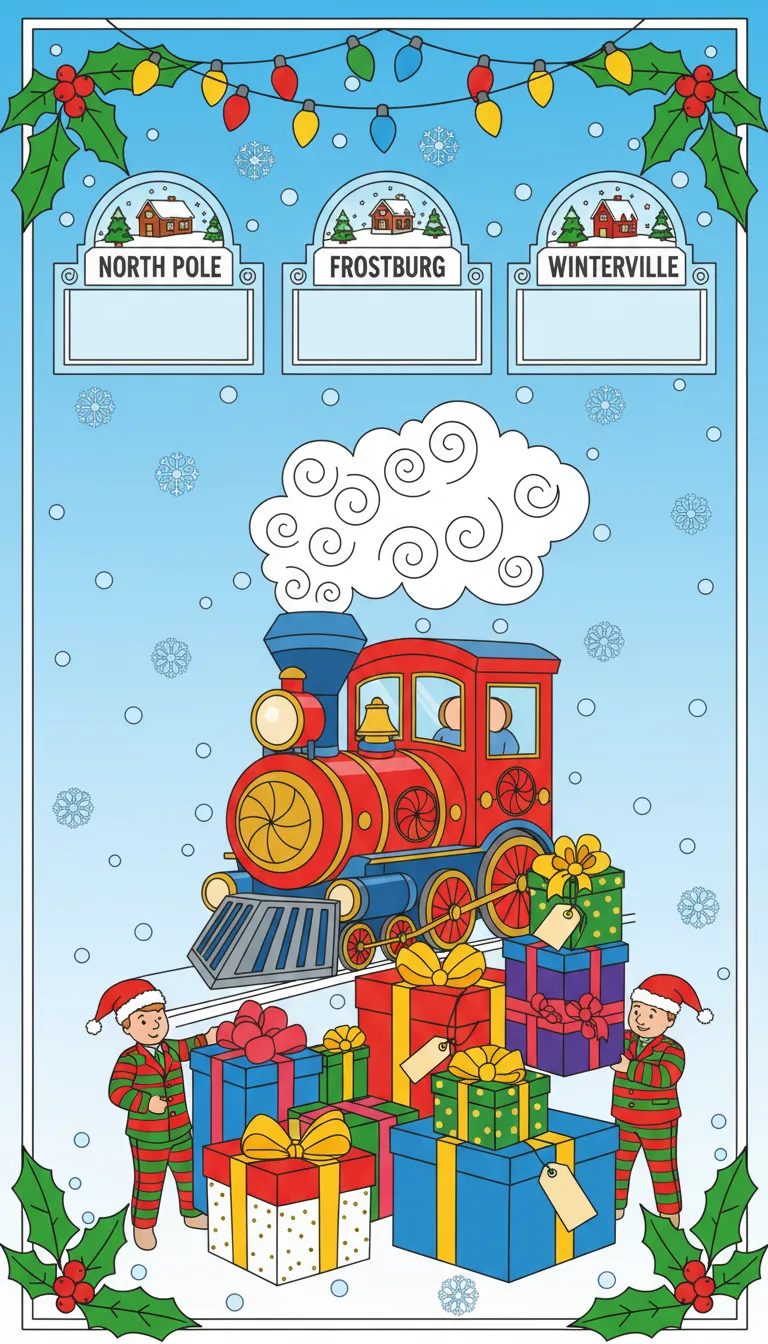 Christmas train depot with gifts and snow coloring page to print