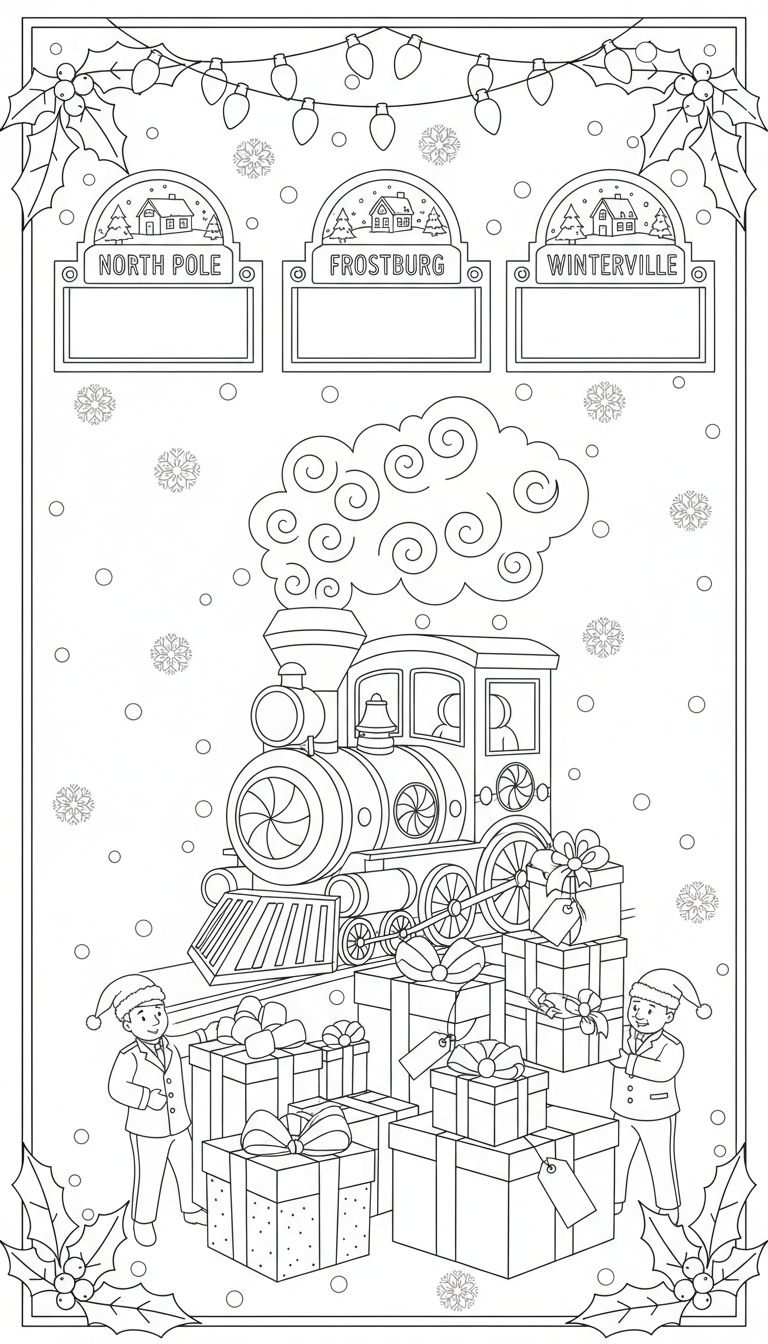 Christmas train depot with gifts and snow coloring page to print