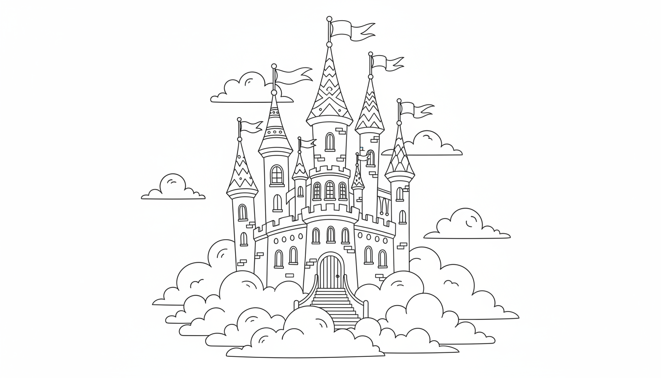 Magical floating castle among clouds with flags coloring page to print