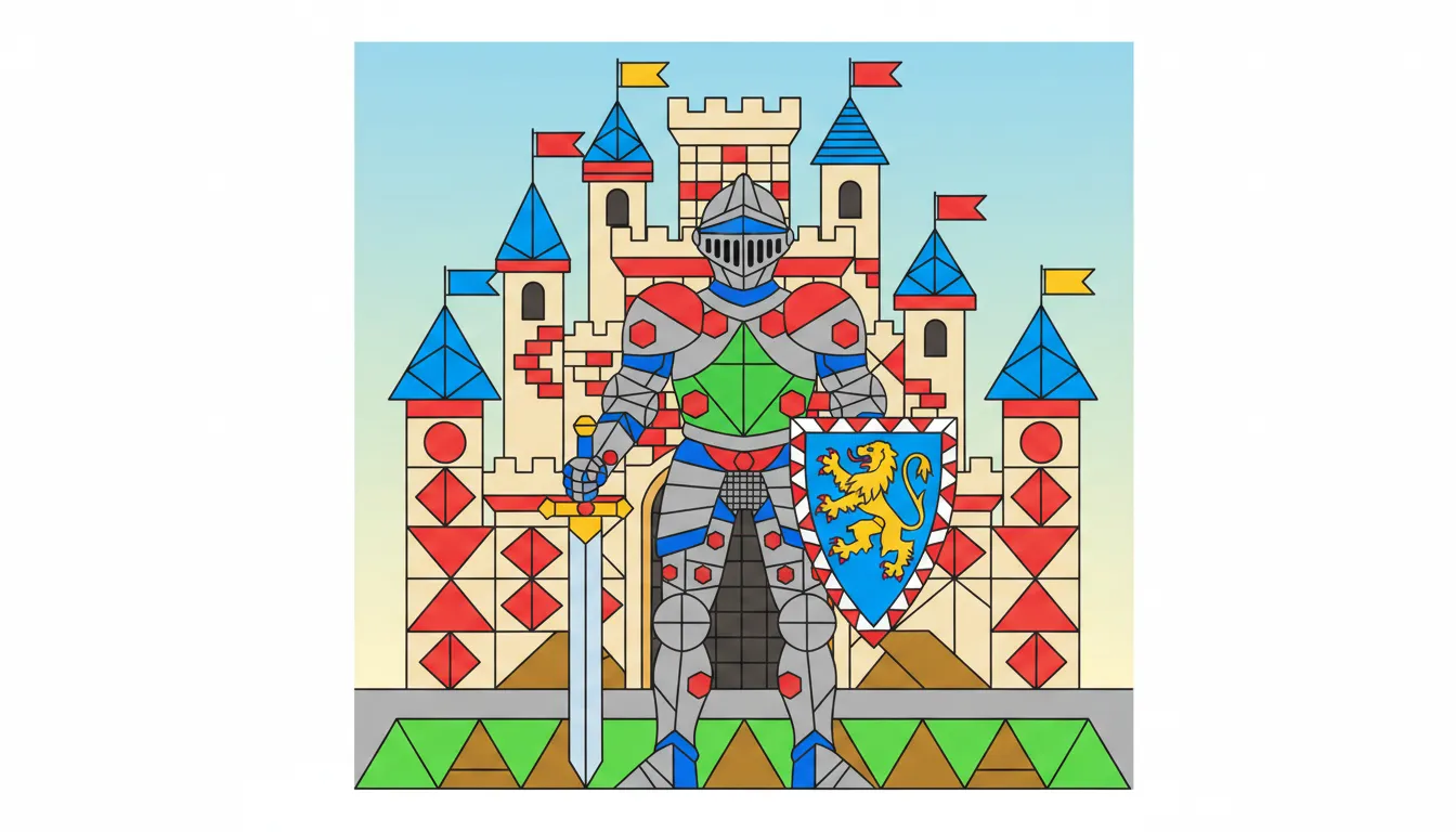 A knight in armor standing proudly in front of his castle. coloring page to print