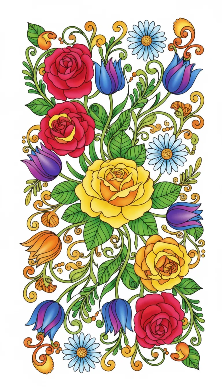 floral pattern with roses, daisies and tulips coloring page to print