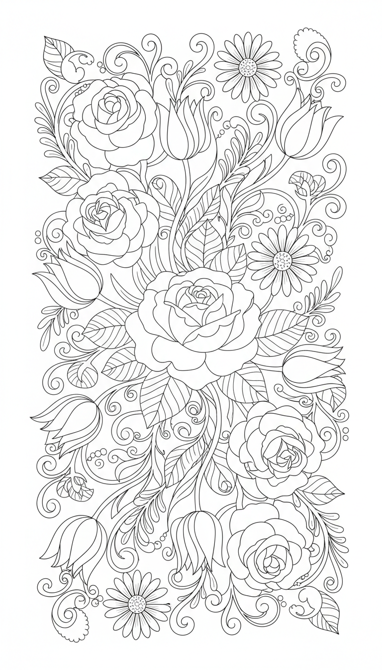 floral pattern with roses, daisies and tulips coloring page to print