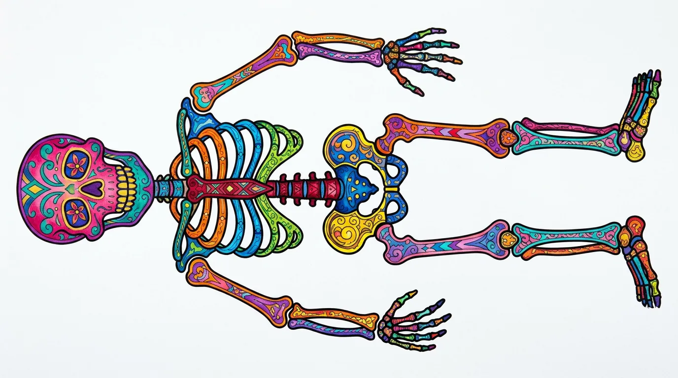 A detailed diagram of a human skeleton showing bones and joints. coloring page to print