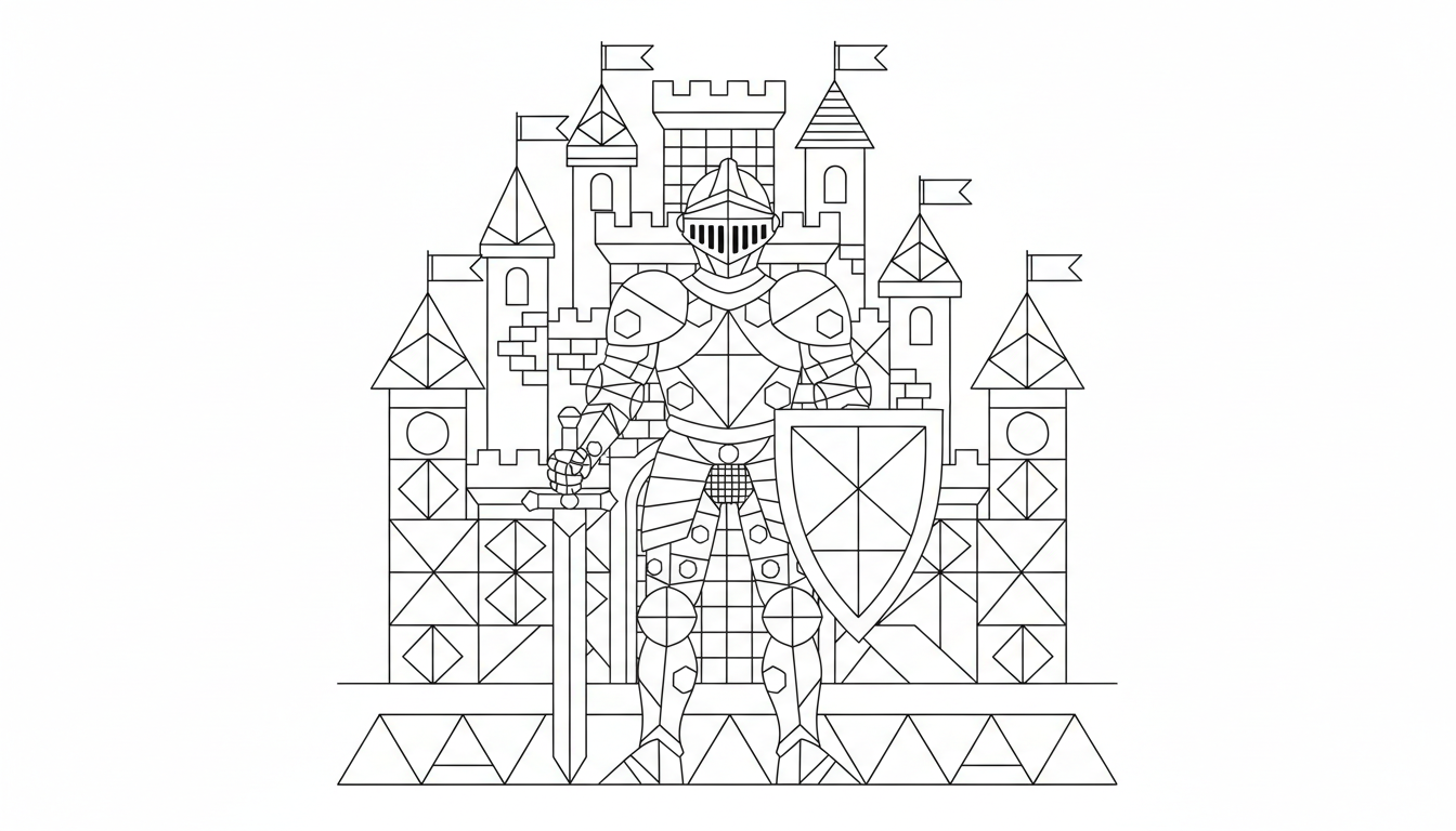 A knight in armor standing proudly in front of his castle. coloring page to print