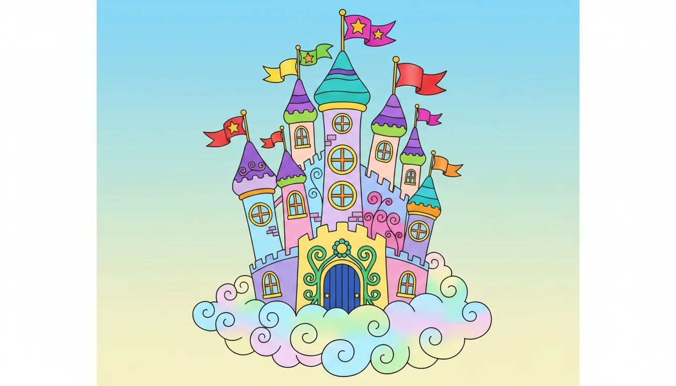 Magical floating castle among clouds with flags coloring page to print