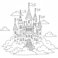 Magical floating castle among clouds with flags