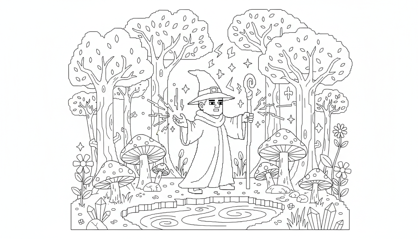 mystical wizard casting spell in magical forest coloring page to print