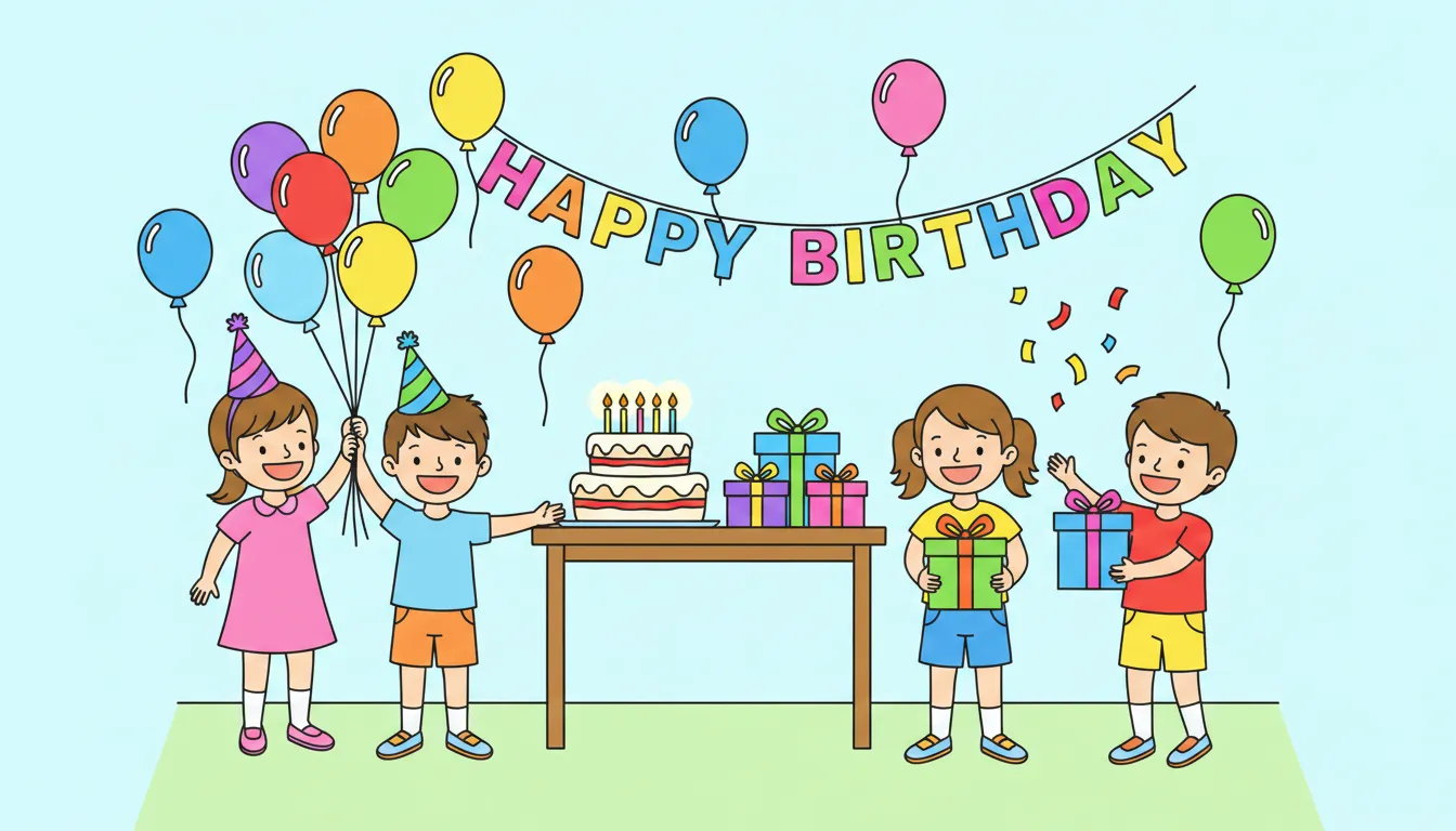 children celebrating birthday with balloons and cake coloring page to print