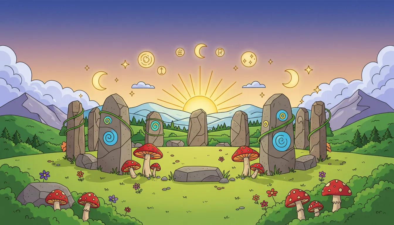 Ancient stone circle at sunset coloring page to print