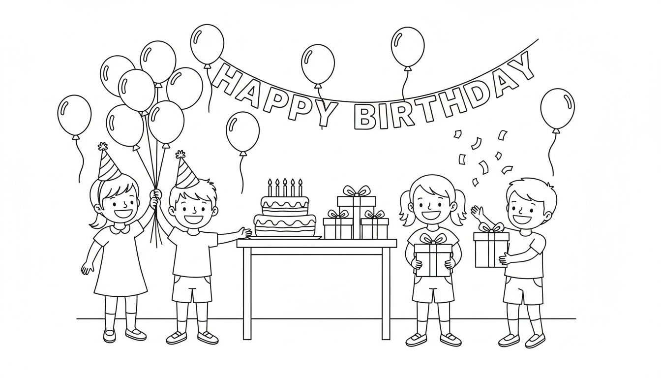 children celebrating birthday with balloons and cake coloring page to print