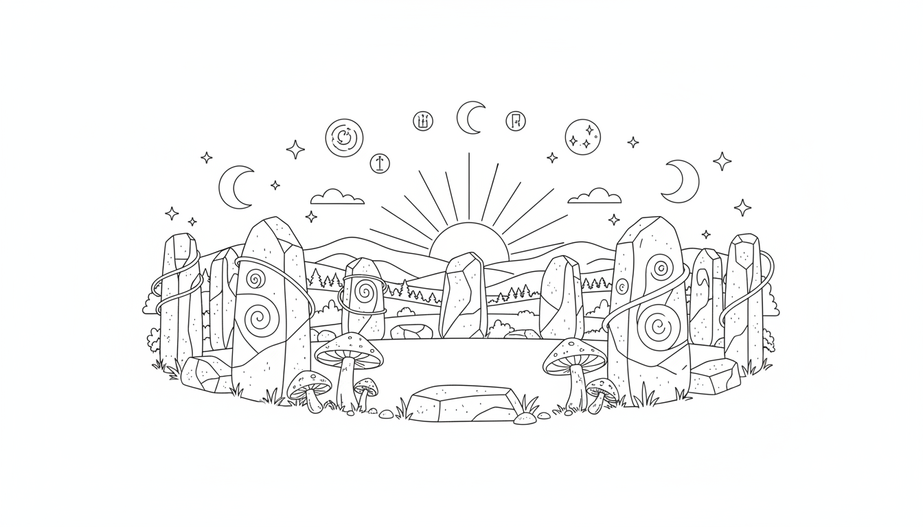 Ancient stone circle at sunset coloring page to print