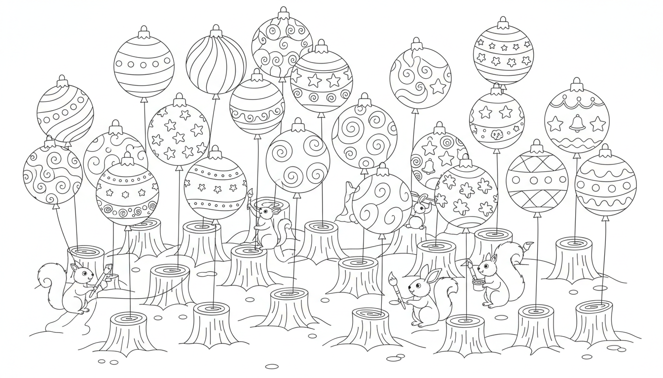 Christmas theme with festive hot air balloons and woodland animals coloring page to print