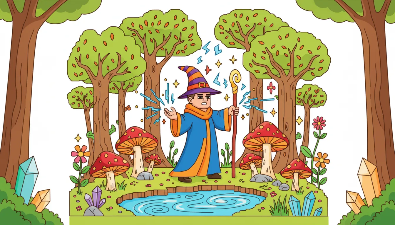 mystical wizard casting spell in magical forest coloring page to print
