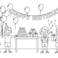 children celebrating birthday with balloons and cake
