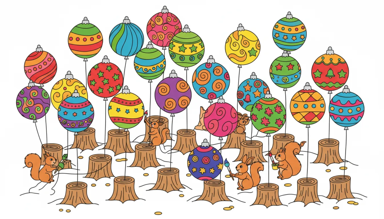 Christmas theme with festive hot air balloons and woodland animals coloring page to print
