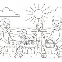 A family having fun at a beach with sandcastles and seashells.