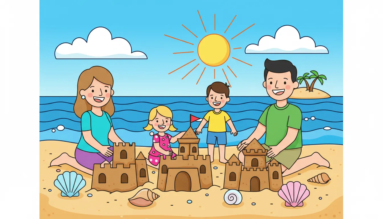 A family having fun at a beach with sandcastles and seashells. coloring page to print