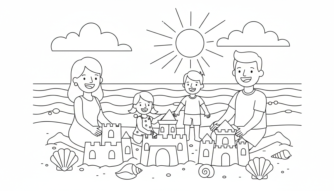 A family having fun at a beach with sandcastles and seashells. coloring page to print