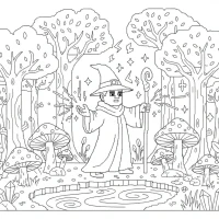 mystical wizard casting spell in magical forest