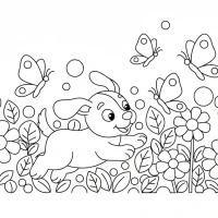 Cute puppy chasing butterflies in flower garden