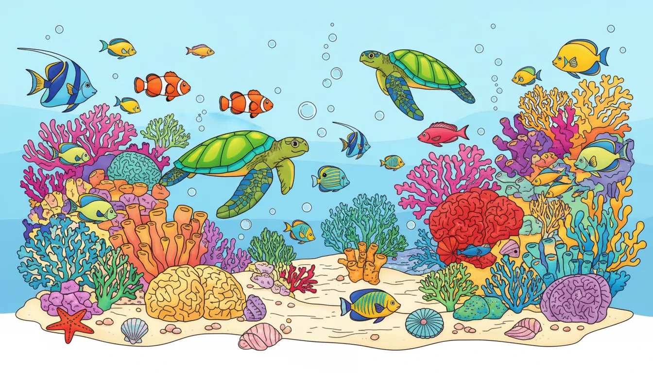A colorful underwater coral reef with fish and sea turtles. coloring page to print