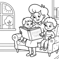 peaceful scene mother reading to children inside cozy house