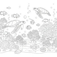 A colorful underwater coral reef with fish and sea turtles.