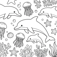 lively underwater scene with jellyfish, starfish and dolphins