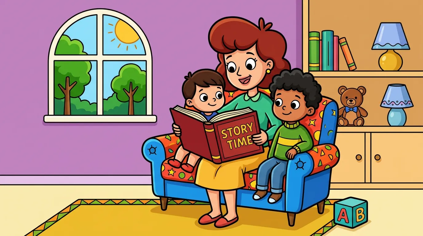 peaceful scene mother reading to children inside cozy house coloring page to print