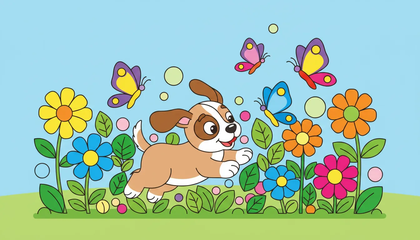 Cute puppy chasing butterflies in flower garden coloring page to print