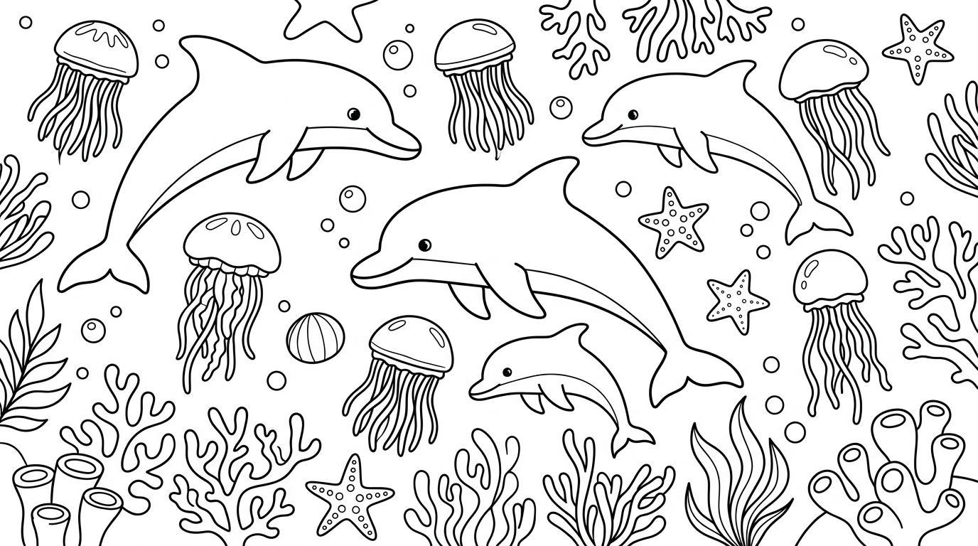 lively underwater scene with jellyfish, starfish and dolphins coloring page to print