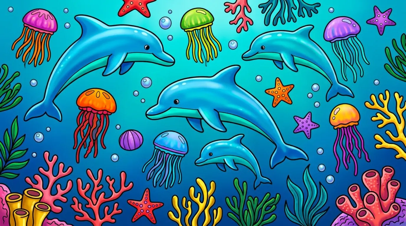 lively underwater scene with jellyfish, starfish and dolphins coloring page to print