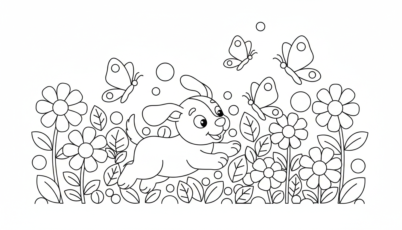 Cute puppy chasing butterflies in flower garden coloring page to print