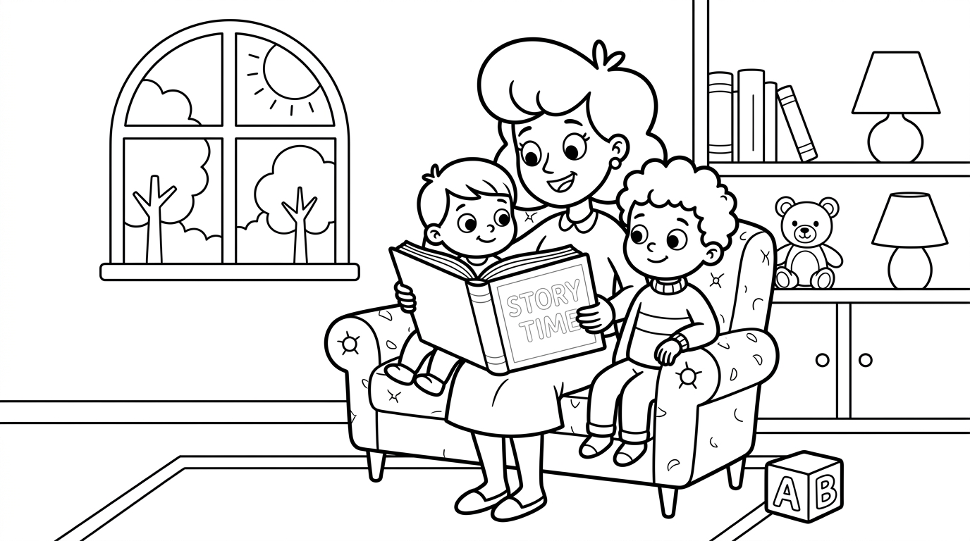 peaceful scene mother reading to children inside cozy house coloring page to print