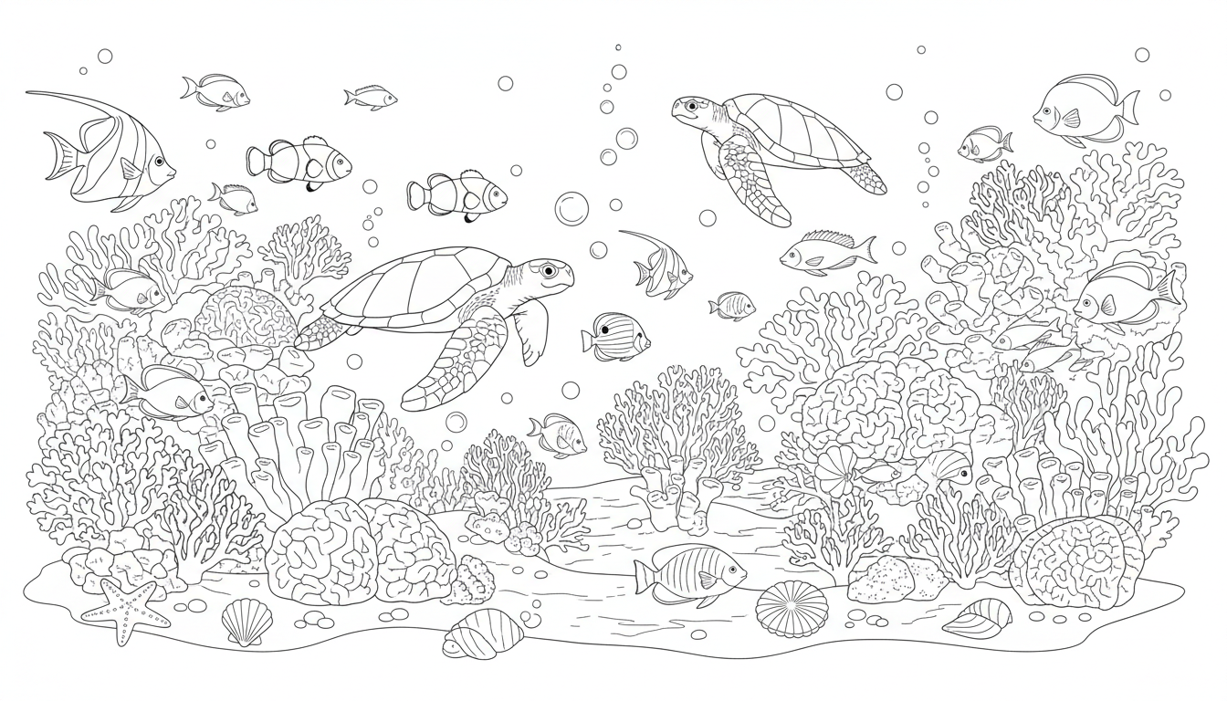 A colorful underwater coral reef with fish and sea turtles. coloring page to print