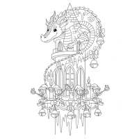 A cozy dragon in a fantasy tower decorates a spiral of icicles with jingling bells while tiny elves roast chestnuts on a floating candle chandelier.