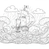 Pirate ship sailing on stormy sea
