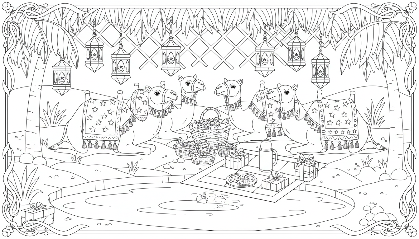 desert oasis Christmas picnic with camels and lanterns coloring page to print