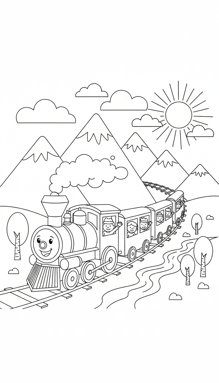 A colorful train chugging through the mountains with passengers looking out the windows. coloring page to print