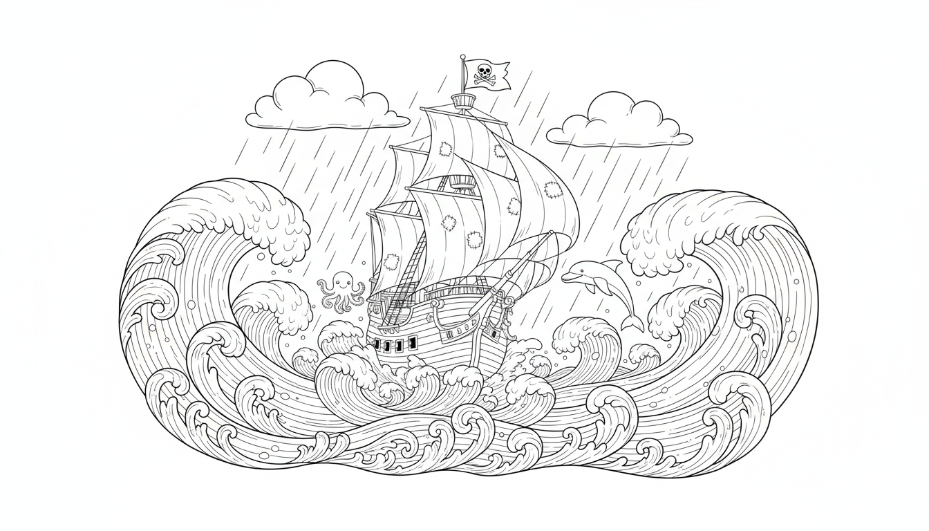 Pirate ship sailing on stormy sea coloring page to print